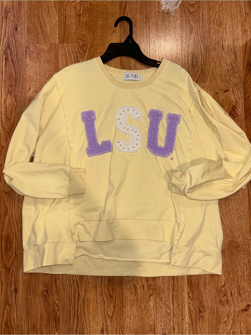 Bomb designs Pale Yellow LSU Appliqué Crewneck Sweatshirt. Oversized fit.